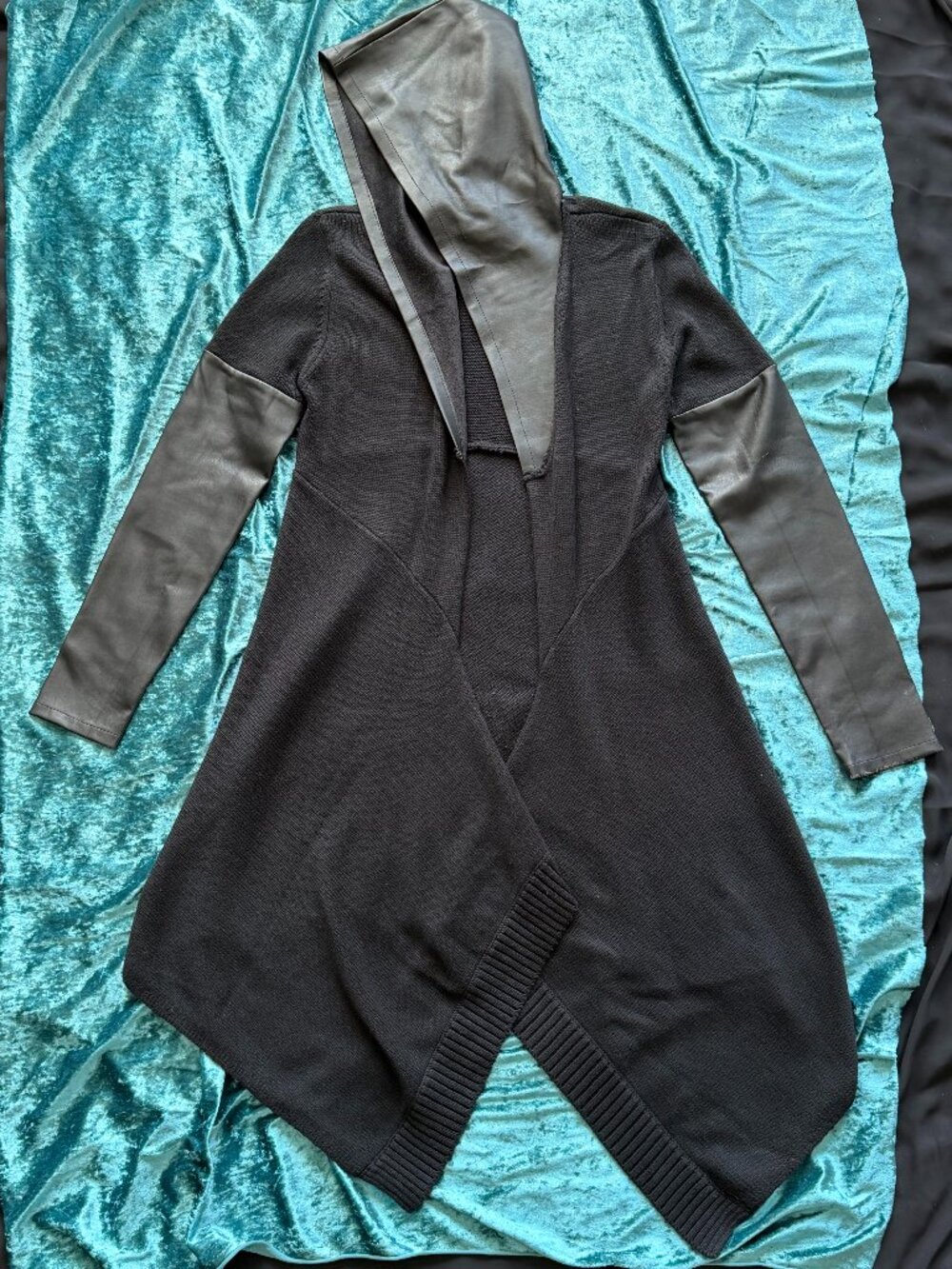 Black Sweater with Faux Leather Hood and Sleeves